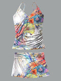 V-Neck Multicolor Print Suspender Skirt Tankini Pantskirt Set Swimsuit
