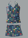 V-Neck Ocean Jellyfish Print Suspender Skirt Tankini Pantskirt Set Swimsuit