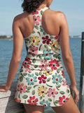Round Neck Racer Back Cute Floral Print Skirt Tankini Set Swimsuit