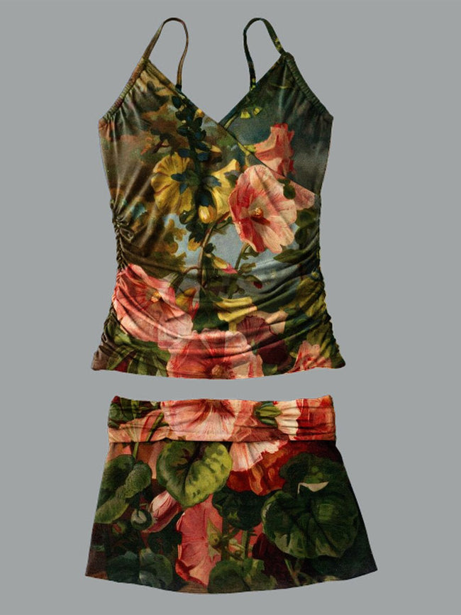 Women’s V-neck Painting Flowers Print Suspender Skirt Tankini Set Swimsuit