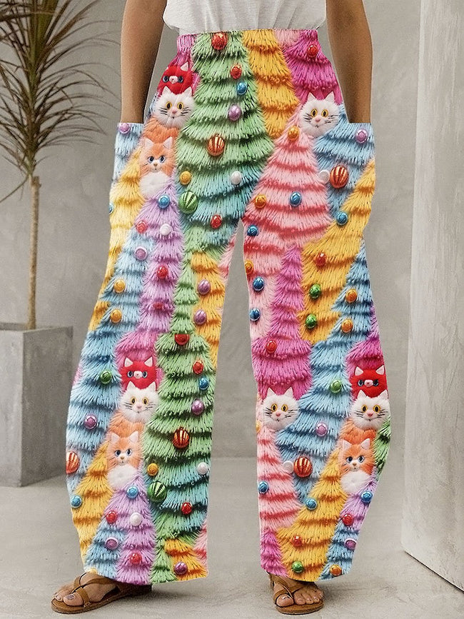 Christmas Tree Cute Cat 3D Print Wide Leg Pants