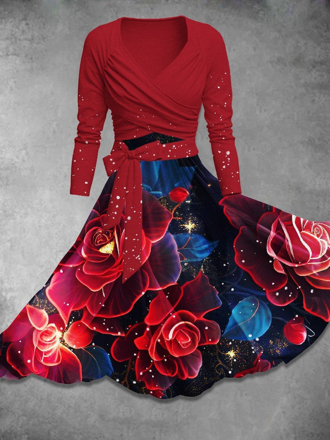 Women's Shiny Rose Christmas Gifts Print Two Piece Dress