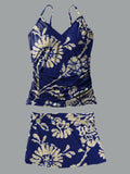 Women’s V-neck Floral Tie Dye Print Suspender Skirt Tankini Set Swimsuit