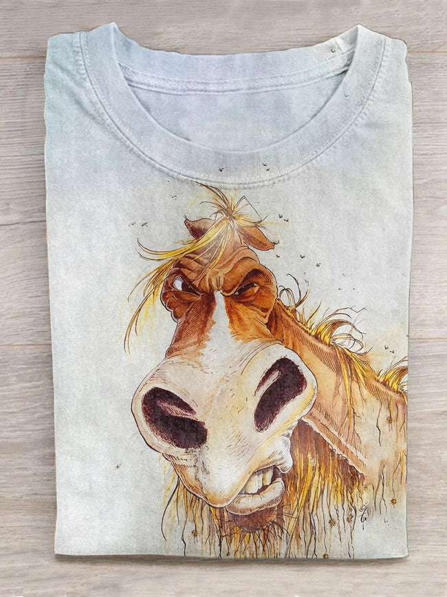 Horse With Funny Expression Animal Art Print Casual T-Shirt