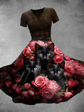 Women'sHalloween Cat Floral Art Print  Casual Dress