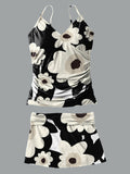 V-Neck Flower Art Print Halterneck Pleated Tankini Set Swimsuit