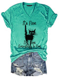 I Am Fine Everything Is Fine Cat Print Shirts&Tops