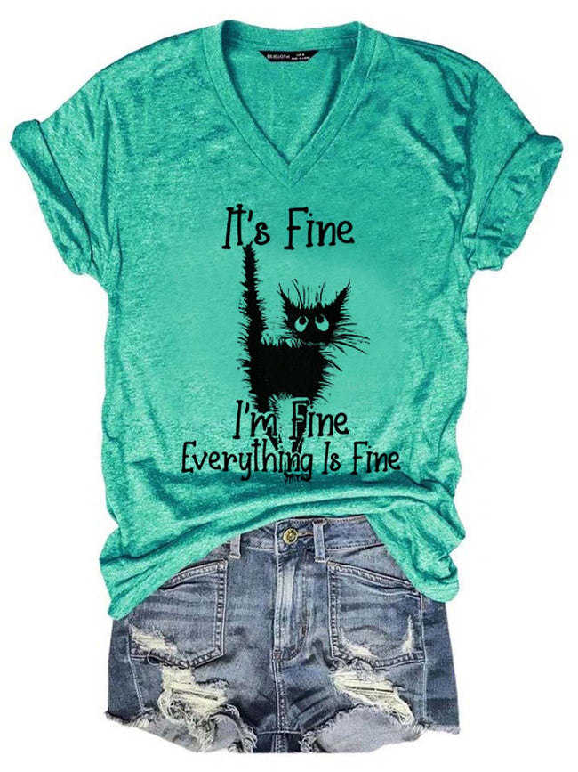I Am Fine Everything Is Fine Cat Print Shirts&Tops