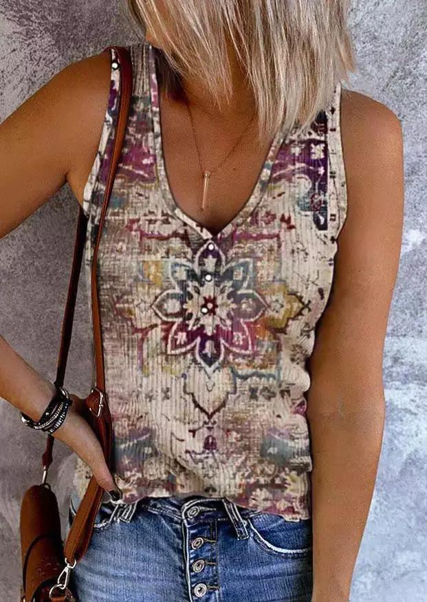 Ethnic Floral Button Casual Tank Top