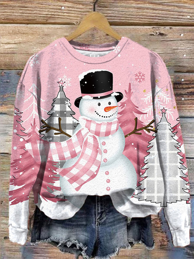 Pink Winter Christmas Printed Round Neck Long Sleeve Top