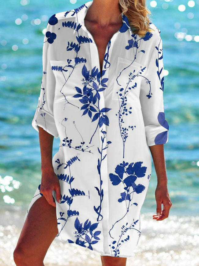 Flower Long Sleeve Beach Shirt Dress